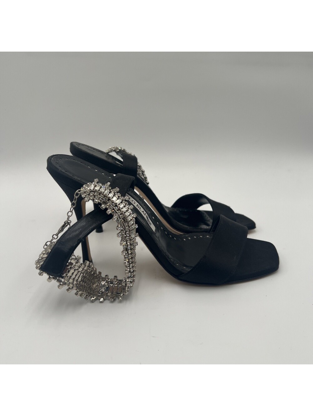 Manolo Blahnik Black Satin Open Toe Rhinestone Ankle Strap High Heels Women 37.5